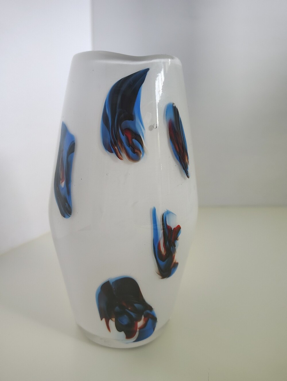 Vintage 1970s Italian Opaline Glass Vase Hand Blown White Blue Macchie Splashes